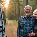 Elderly couple stood next to a motorhome